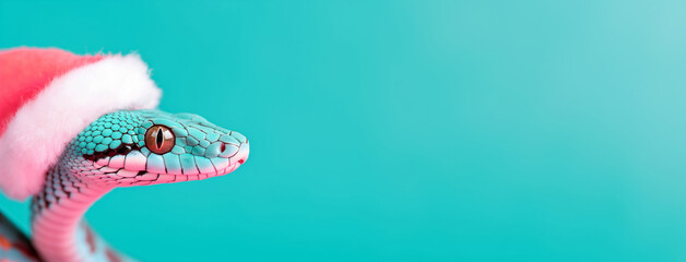 Fototapeta premium Snake wearing Santa hat, in pop art style on teal solid background. Christmas and holiday concept. Design for New year greeting card. Banner with copy space.