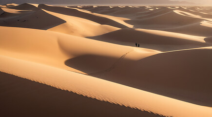 An exotic desert landscape at golden hour, with sand dunes casting long shadows and a lone traveler exploring the scene.

