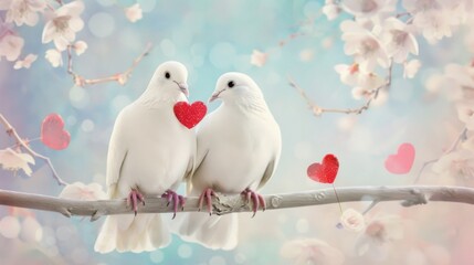 A pair of doves with heart decorations with soft romantic background, Valentine's day