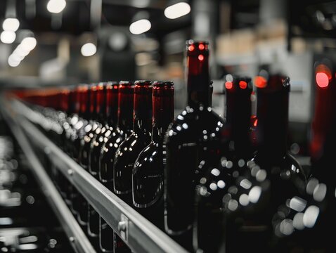 A row of wine bottles moving along a production line