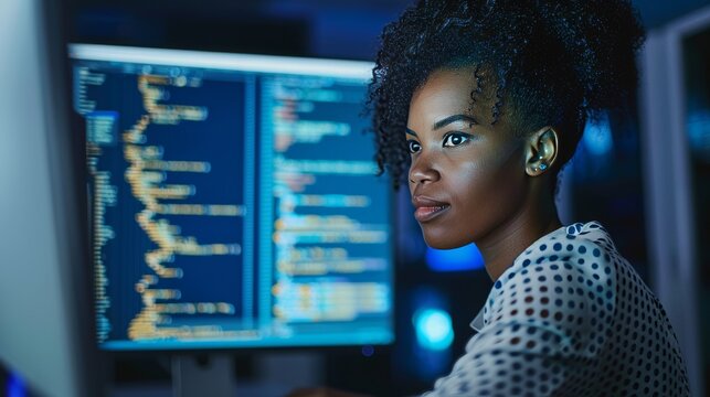 Developing computer code on a computer by a young black woman