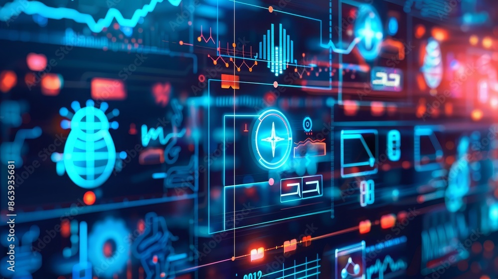 Poster medical technology interface with glowing icons for data analytics