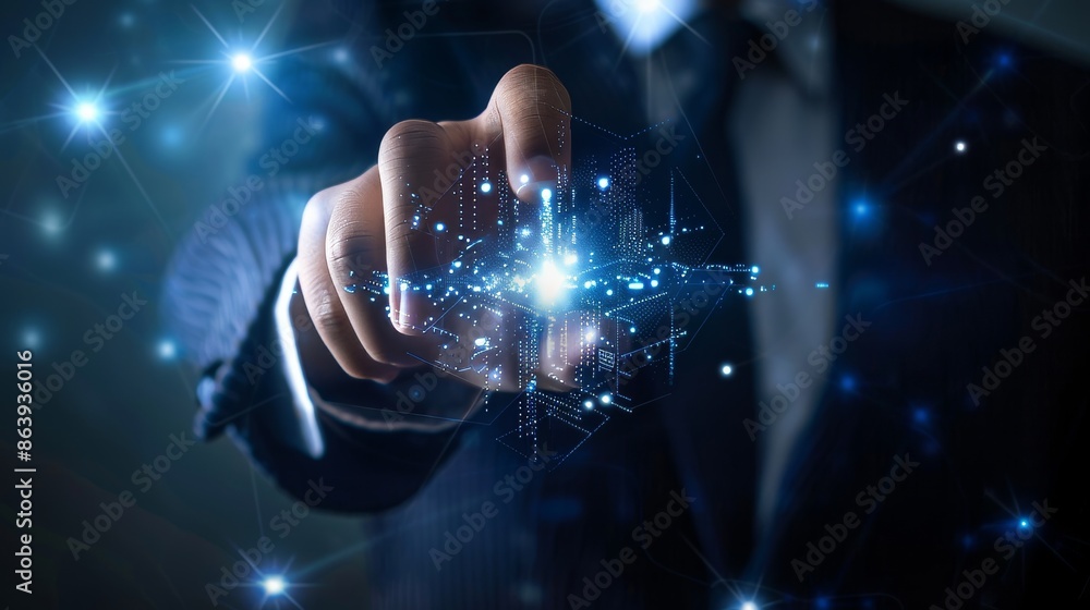 Poster experts using futuristic interfaces in server rooms