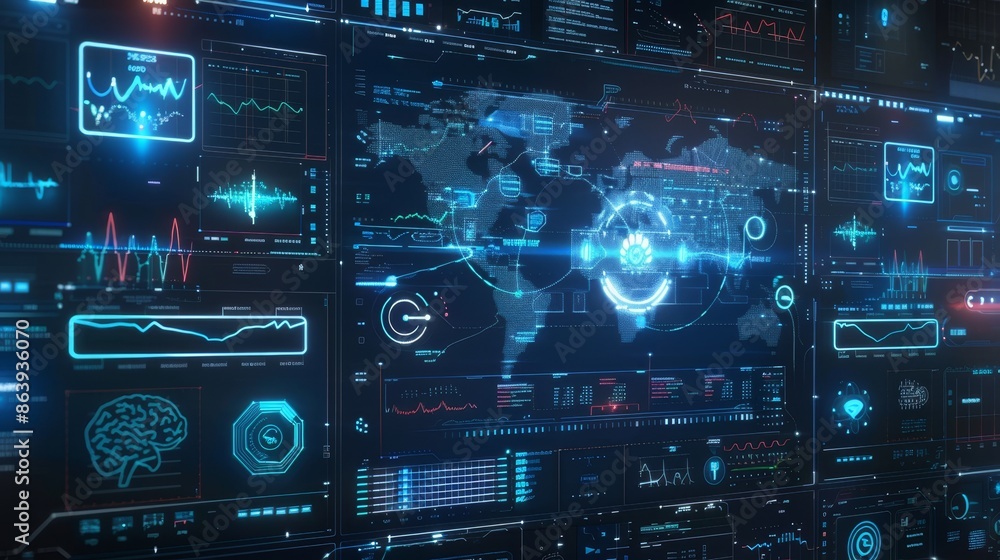Poster glowing icons for a futuristic interface for data analytics and medical technology