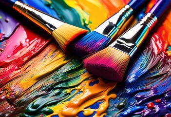 Fototapeta premium vibrant rainbow paints brushes, lgbtq, pride, colorful, love, equality, colors, spectrum, hues, painting, supplies, artist, tools, equipment, paintbrushes