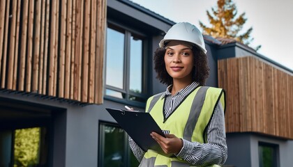 A construction inspector wearing a white hard hat, reflective yellow safety vest, and holding a clipboard stands in front of a modern building