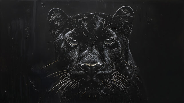 A majestic black puma poised against a seamless black backdrop, showcasing its sleek form and intense gaze, capturing the essence of power and mystery in minimalistic contrast