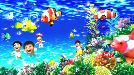 Marine Magic: Children Laughing as Colorful Fish Dart Among Vibrant Coral Reefs