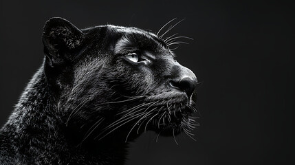 A majestic black puma stands boldly against a seamless black backdrop, its sleek fur highlighted by subtle shadows, embodying strength and grace in its natural habitat