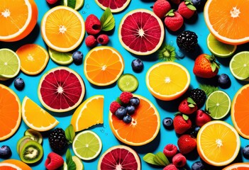 colorful fruit slices floating clear refreshing summer concept citrus healthy tropical drink ingredients, yellow, green, purple, blue, vibrant, exotic, ripe