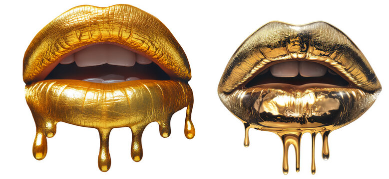 shiny lips with  gold chrome dripping glossy drop lipstick, PNG isolated transparent background