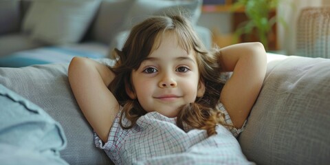 A young girl reclining on a couch