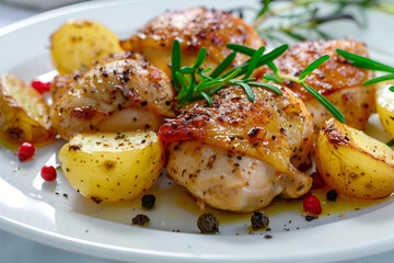 Roasted whole chicken with potatoes in a asian dish.