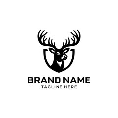 Horned Deer Logo Template Design. Simple Vector of Deer Head and Shield. Suitable for Hunting and Outdoor Activities Logos.