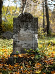 A stone tombstone on a grave without an inscription in a cemetery. Funeral ceremony and remembrance of deceased people.