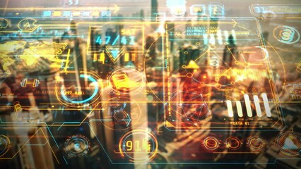 3D animated city skyline with infographic overlays. - Powered by Adobe