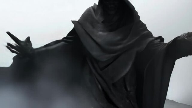 Dark hooded figure in a foggy landscape, exuding an eerie and mysterious aura in a desolate and misty environment