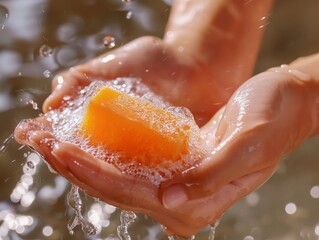 Fototapeta premium CloseUp of Hands Holding Soap Bar with Bubbles Outdoors on a Sunny Day