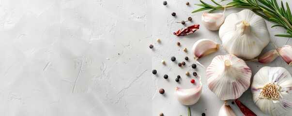 Garlic bulbs with rosemary and peppercorns on a white background. Ideal for culinary themes, food blogs, or organic ingredient promotions. 