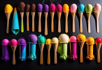 colorful rainbow ice cream scoops arranged line, lgbtq, pride, love, equality, dessert, sweet, frozen, treat, delicious, multicolored, vibrant, confectionery