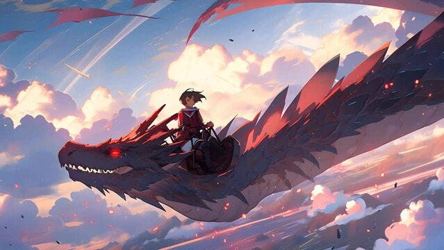 Background of a warrior flying a dragon in the sky