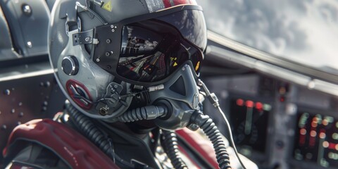 Close-up of a fighter jet pilot in the cockpit, which is the place of precision and control. The pilot's eyes reflect the weight of responsibility and expertise.