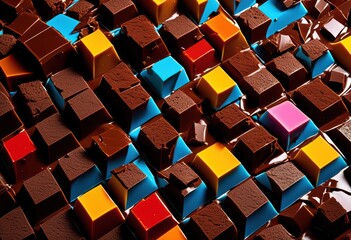 Fototapeta premium shattered chocolate bars forming geometric sweet dessert artwork, broken, pieces, shapes, confectionery, snack, delicious, treat, cocoa, gourmet, culinary