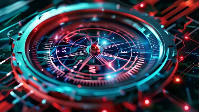 Futuristic glowing compass on a circuit board, representing advanced navigation technology and innovative design in a high-tech environment