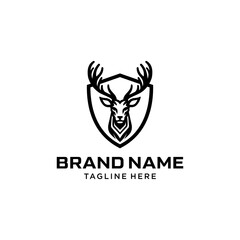 Horned Deer Logo Template Design. Simple Vector of Deer Head and Shield. Suitable for Hunting and Outdoor Activities Logos.