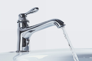 Image of water tap on white background. Water-related topics. Renewable energy. Water shortage. Contaminated water.