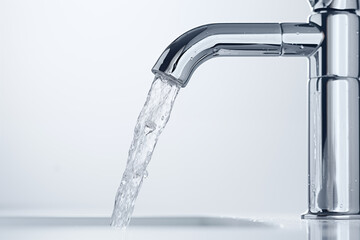 Image of water tap on white background. Water-related topics. Renewable energy. Water shortage. Contaminated water.