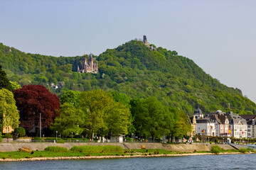 Scenic view of Drachenfels and Burg Drachenfels (Dragonstone Castle) along the Romantic Rhine in...