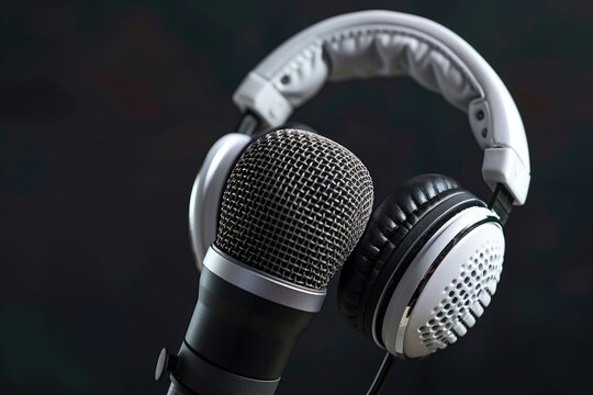 A pair of headphones sits atop a microphone, ideal for recording or editing audio