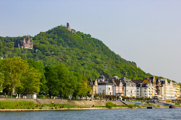 Scenic view of Drachenfels and Burg Drachenfels (Dragonstone Castle) along the Romantic Rhine in Königswinter, Germany