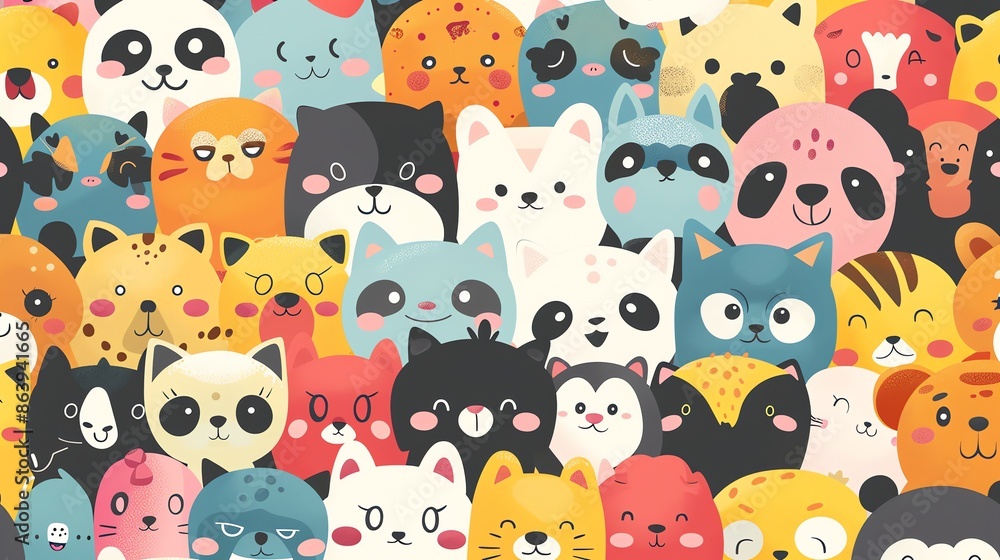 Wall mural A seamless pattern of cute animal faces in a variety of colors.