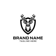 Horned Deer Logo Template Design. Simple Vector of Deer Head and Shield. Suitable for Hunting and Outdoor Activities Logos.