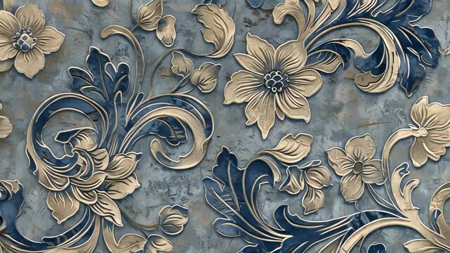 This unique patterned fabric wallpaper showcases a mix of different textures combining a smooth base with raised floral patterns in shades of blue and beige for a layered and dimensional