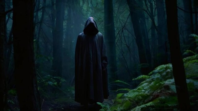 Person wearing a cloak hoodie in the deep forest at night, horror movie scene featuring a man in black clothes in the dark jungle at night, fear in the woods in dar Generative AI