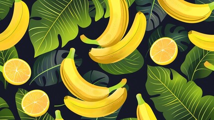 A seamless pattern of bananas, lemons and tropical leaves on a dark blue background.