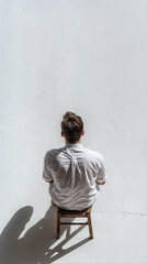 Aerial axonometric view of a man sitting on a low stool against a white background, creating a minimalist scene