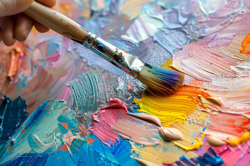 Fototapeta premium Worker applying white paint onto wooden surface, closeup