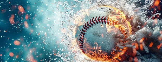 High-angle baseball with dramatic fire and water elements, dark minimalist background, designed for striking visual impact, hyper-realistic rendering