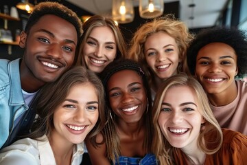 Fototapeta premium Multicultural happy people taking group selfie portrait in the office, diverse people celebrating together, Happy teamwork and lifestyle concept