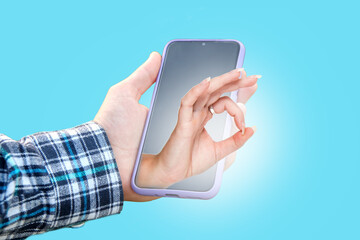 OK gesture with hand, phone search for online therapy. Mental health concept. Bright blue banner. Psychological support