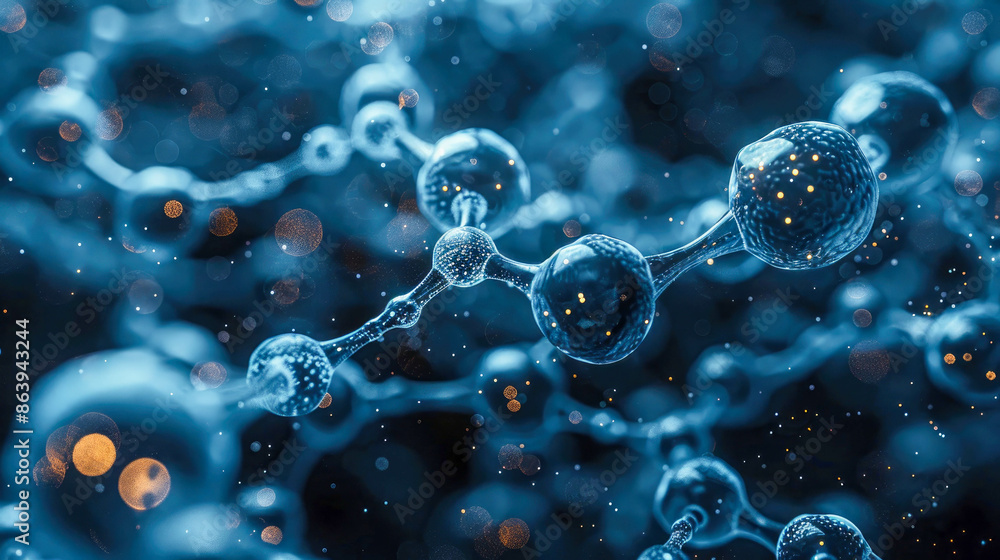 Poster an atomic structure or a molecular model, central glowing nucleus surrounded by orbiting electrons s