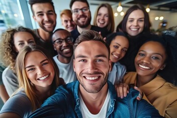 Obraz premium Multicultural happy people taking group selfie portrait in the office, diverse people celebrating together, Happy teamwork and lifestyle concept