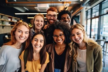 Multicultural happy people taking group selfie portrait in the office, diverse people celebrating together, Happy teamwork and lifestyle concept