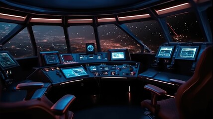 Futuristic spaceship cockpit interior with a view of space station and stars. A large spaceship window show view of space and modern cockpit with control panel with glowing light. Technology. AIG35.