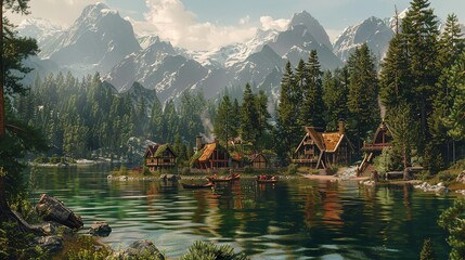 Naklejka premium a quaint hobbit fishing village on the shore of a lake surrounded by larch trees with mountains in the distance