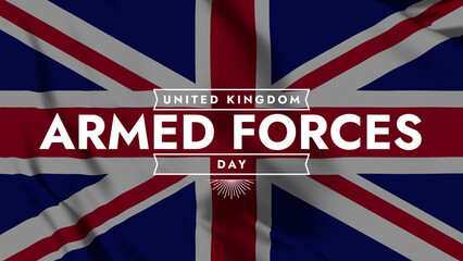 United Kingdom Armed Forces Day colorful text typography on waving UK flag background banner illustration great for wishing and celebrating United Kingdom Armed Forces Day in june